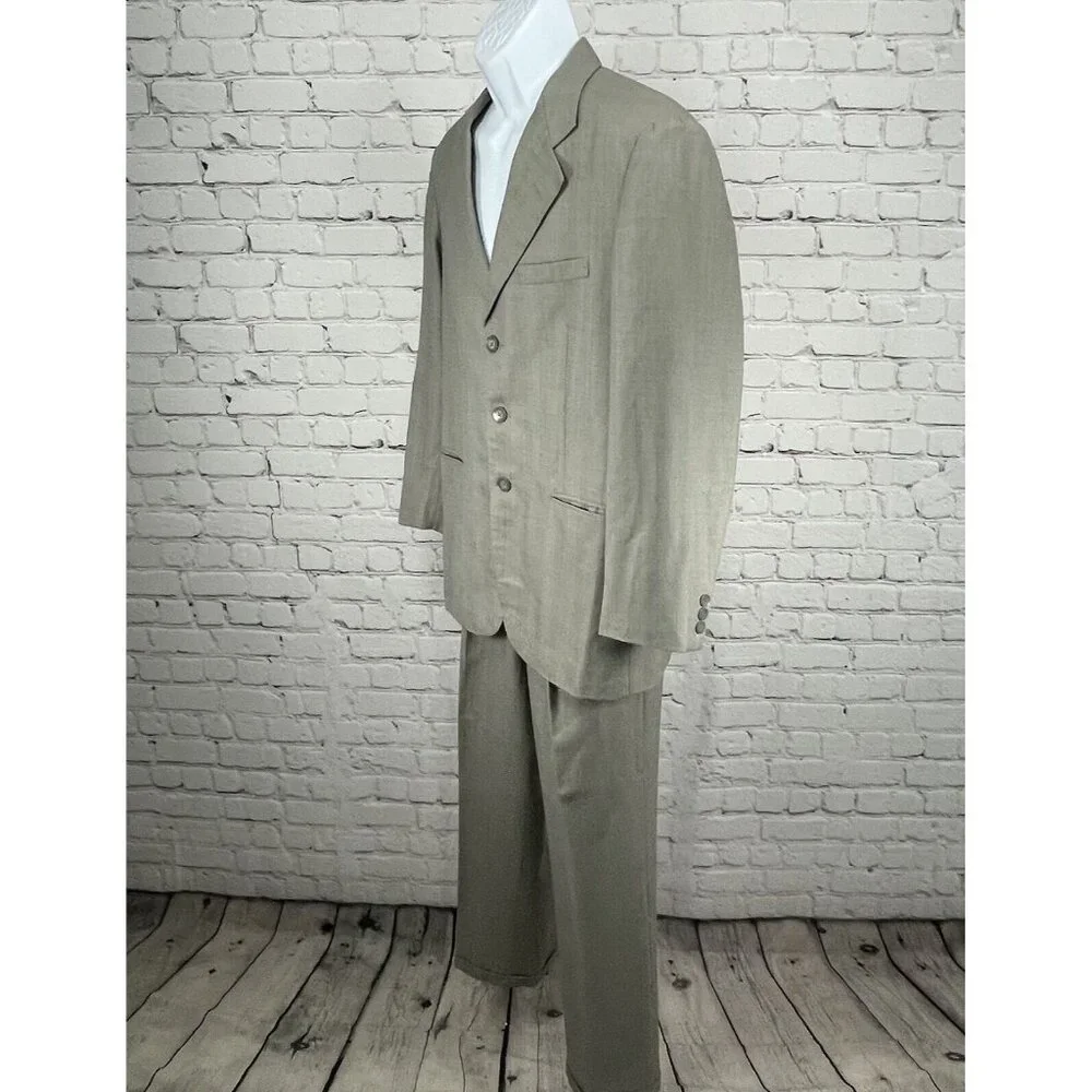 Navdeep Grey Striped Suit Set 3 Button Ventless Blazer Pleated Size 42 (31x29)